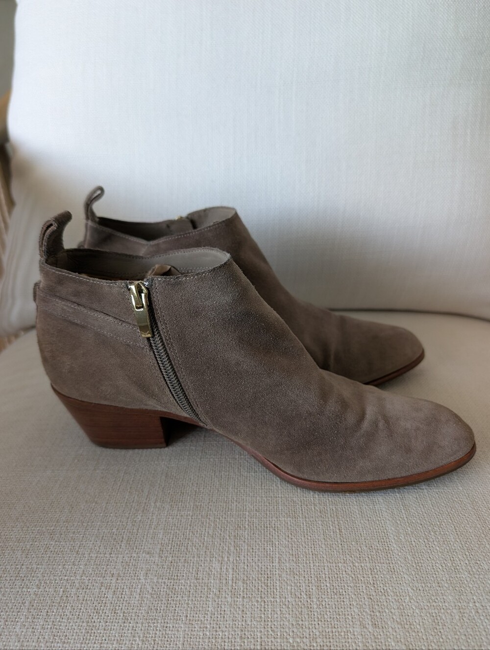 Via Spiga Caylin Suede Ankle Boot in Olive Green with Brown Heel 9